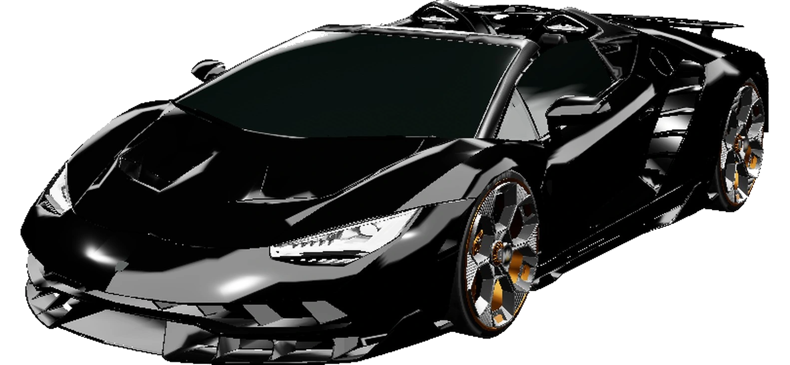 Glossy black performance coupé with gold wheel accents, viewed from the front
